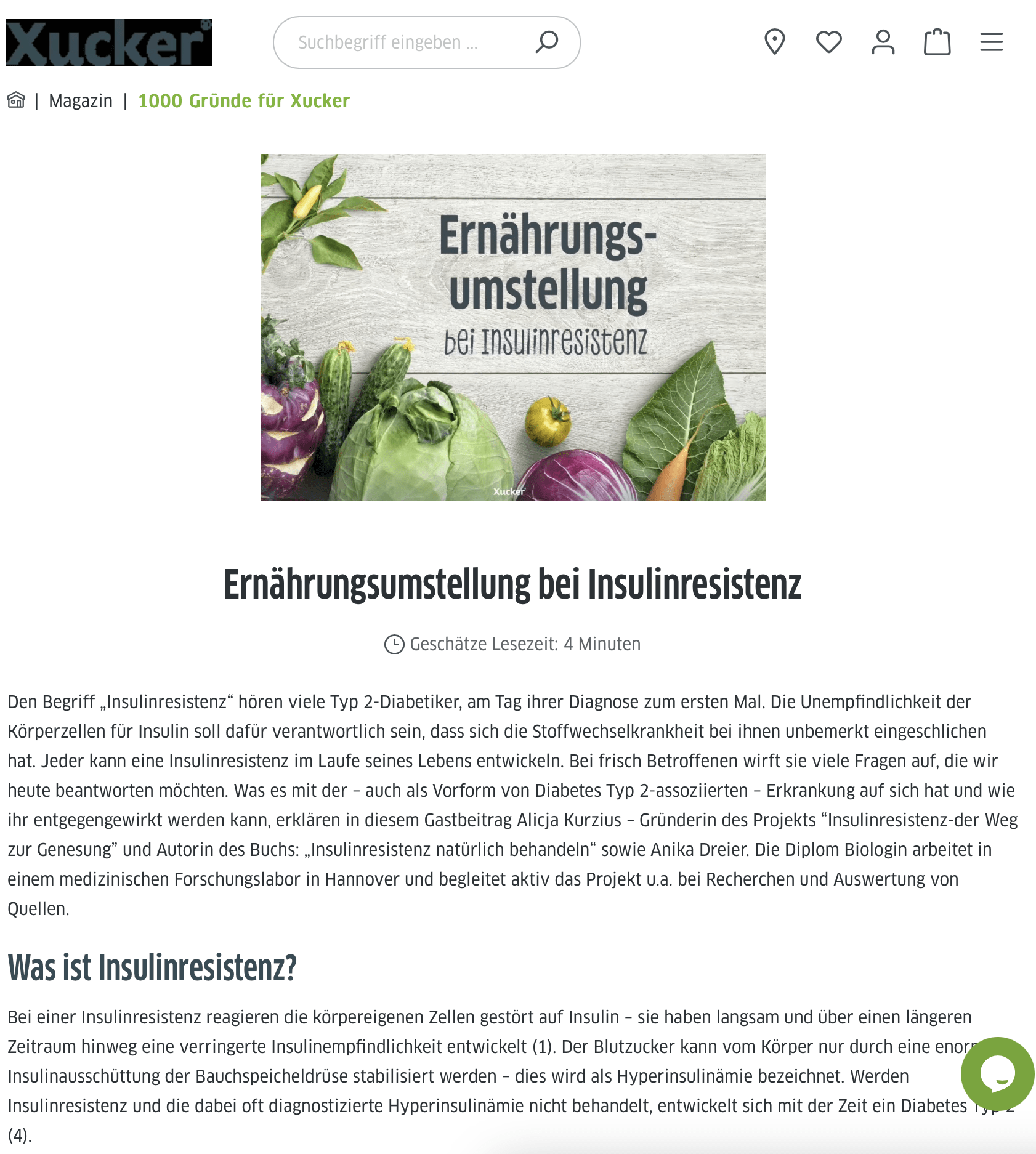 Artikel Alicja Kurzius und Anika Dreier "Ernährungsumstellung bei Insulinresistenz" auf Xucker.de